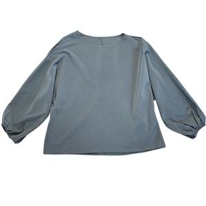 Womens Stormy Blue Satin Boxy Blouse L 3/4 Balloon Sleeve Career Tunic Flowy